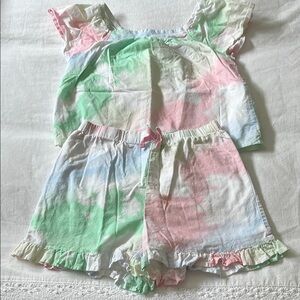 Crown & Ivy Cotton Pastel Tie Dye Top with Ruffle Trim Shorts, size Medium